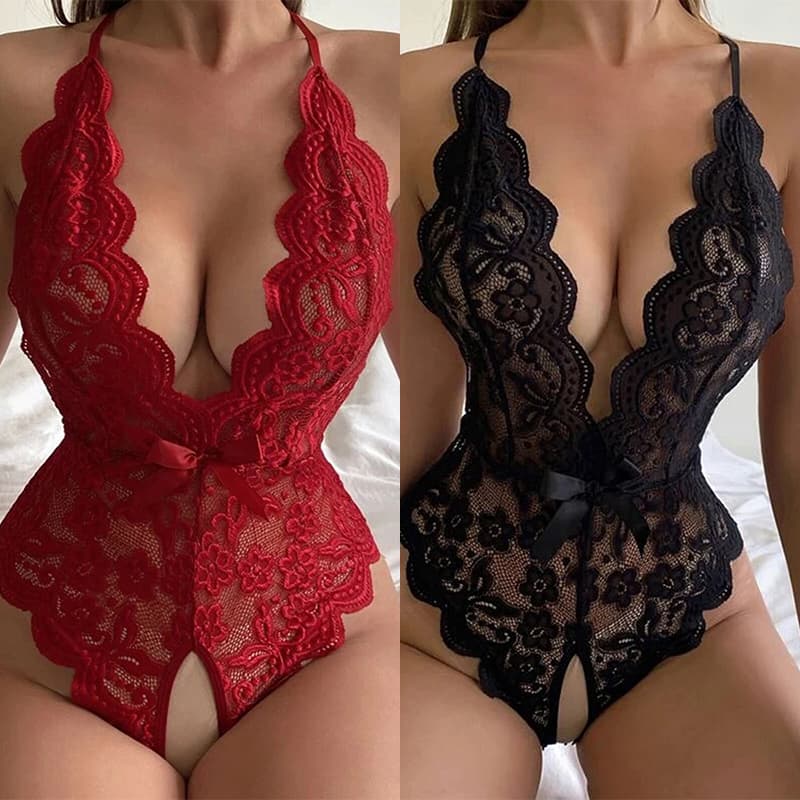 Crotchless Red Sexy Underwear Women Lace Hollow Bra Set Erotic Costume Teddy Baby Doll Dress Deep V Open Bra Bow Lingerie Set — SayFrey