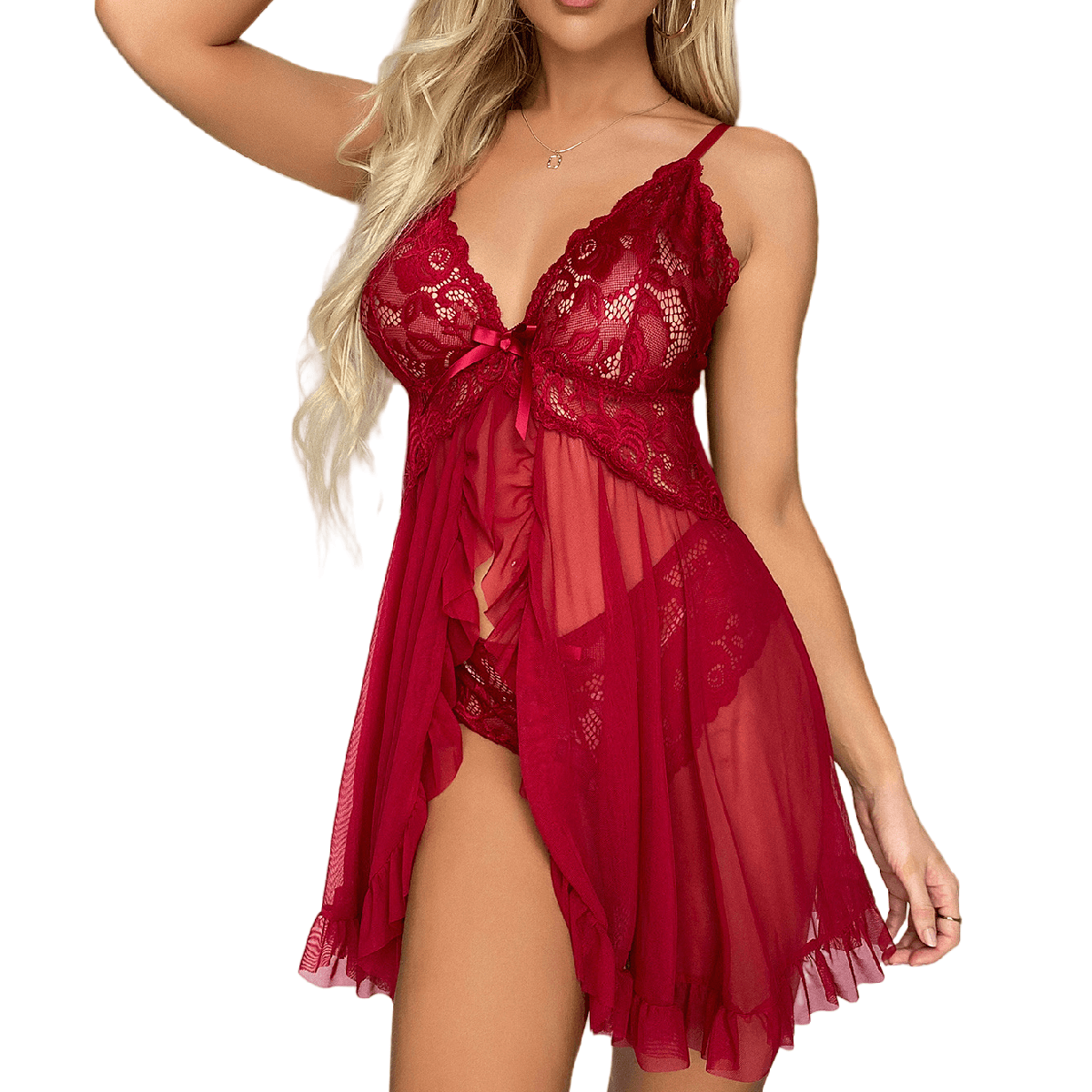 New Deep V Slip Dress Thong Bra And Brief Set Nightgown Contrast Lace Ruffle Trim Lingerie Set Women's Sexy Lingerie Underwear — SayFrey