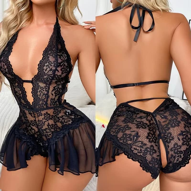 Sexy Crotchless White Underwear Women Lace Hollow Bra Set Erotic Costume Teddy Baby Doll Dress Deep V Open Bra Porn Lingerie Set — SayFrey