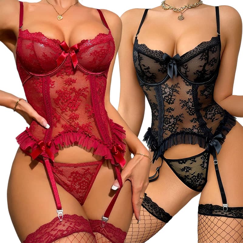 Pleasure Lingerie One-Piece Lace Bra Stockings Thong Set Sheer Seductive Garter Belt Bras And Panties A Complete Underwear Sets — SayFrey
