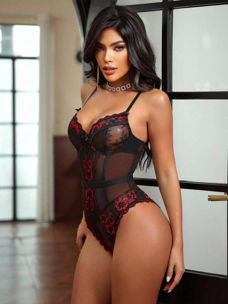 SHEIN 1pc Women's Lace Contrast Mesh Underwire Sexy Bodysuit, Going Out — SayFrey — view 5