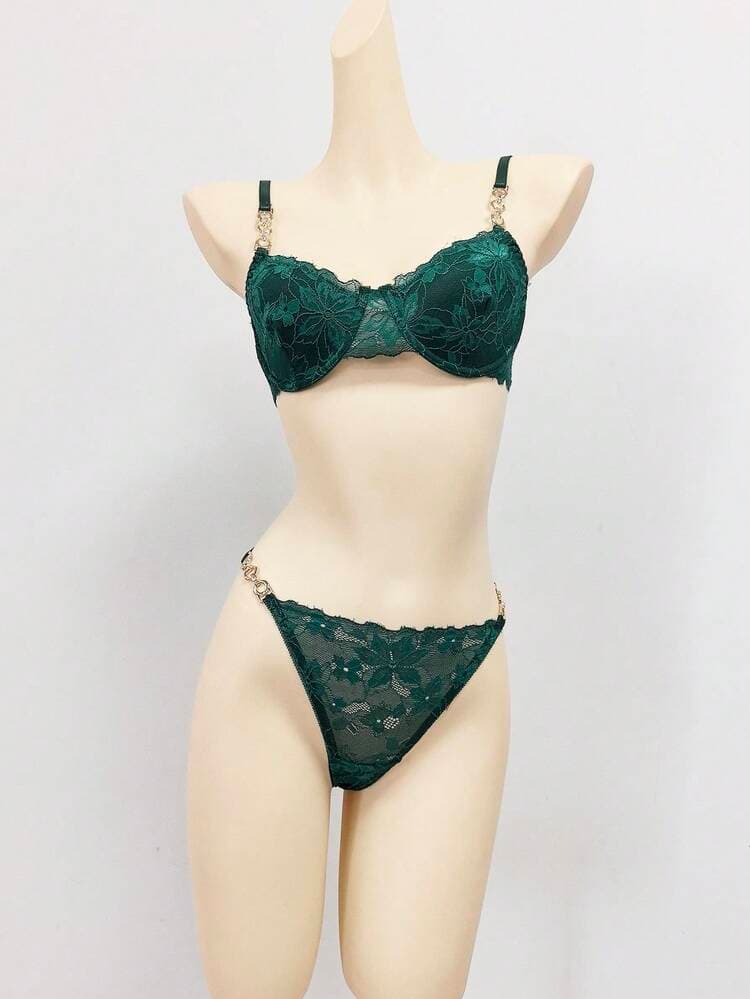 SHEIN Lace Chain Detail Underwire Bra & Panty Sexy Lingerie Set — SayFrey — view 6