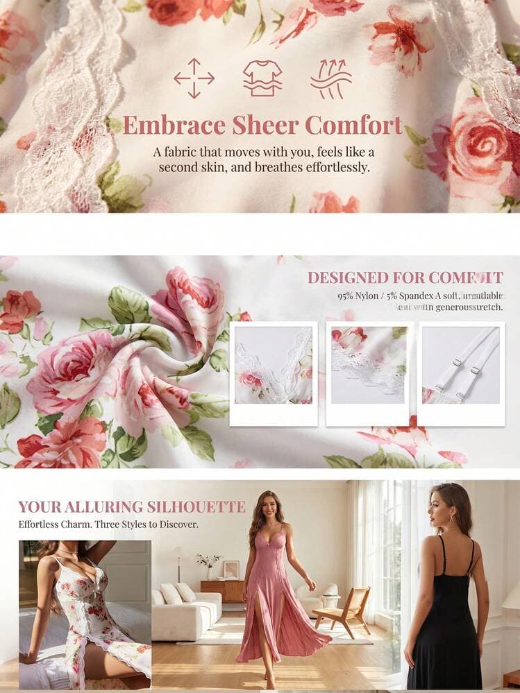 2-Piece Sexy Lingerie Sleepwear Set For Women – Includes Lace V-Neck Chemise Nightdress And Matching Panties, Sheer Mesh Nightwear With Side Split — SayFrey — view 4