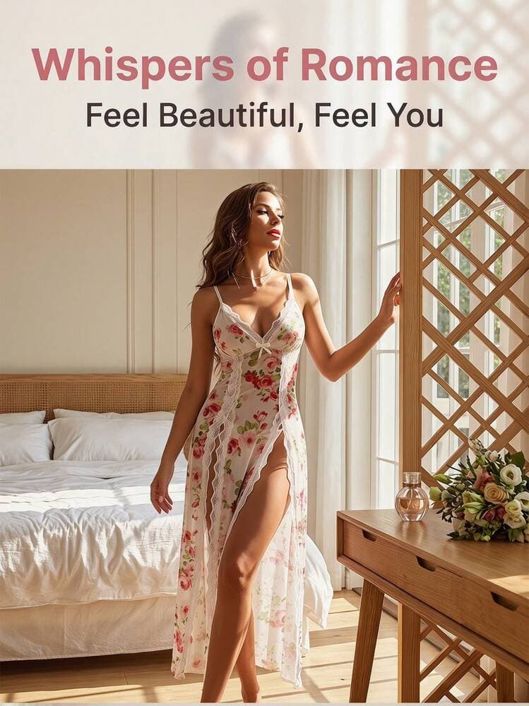 2-Piece Sexy Lingerie Sleepwear Set For Women – Includes Lace V-Neck Chemise Nightdress And Matching Panties, Sheer Mesh Nightwear With Side Split — SayFrey — view 7