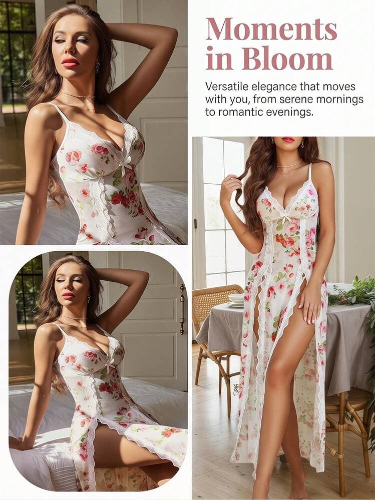2-Piece Sexy Lingerie Sleepwear Set For Women – Includes Lace V-Neck Chemise Nightdress And Matching Panties, Sheer Mesh Nightwear With Side Split — SayFrey — view 8
