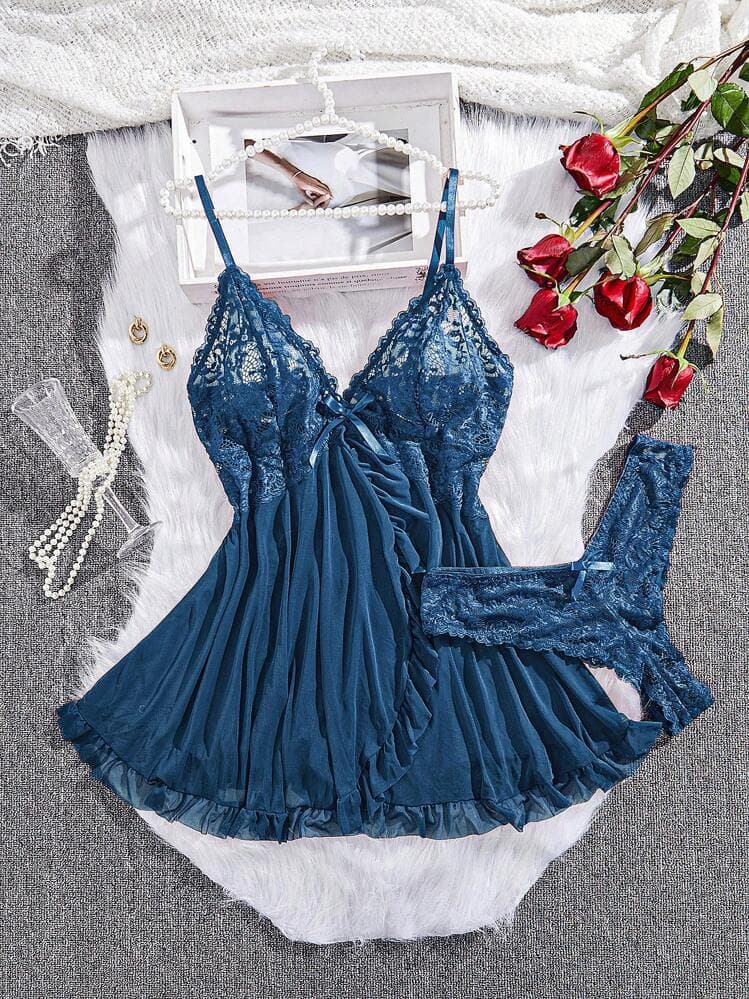 SHEIN Bow-Detailed Lace Panel Ruffled Wire-Free Sexy Lingerie Slip Babydoll Dress And Briefs 2-Piece Set Bow Tie — SayFrey — view 6