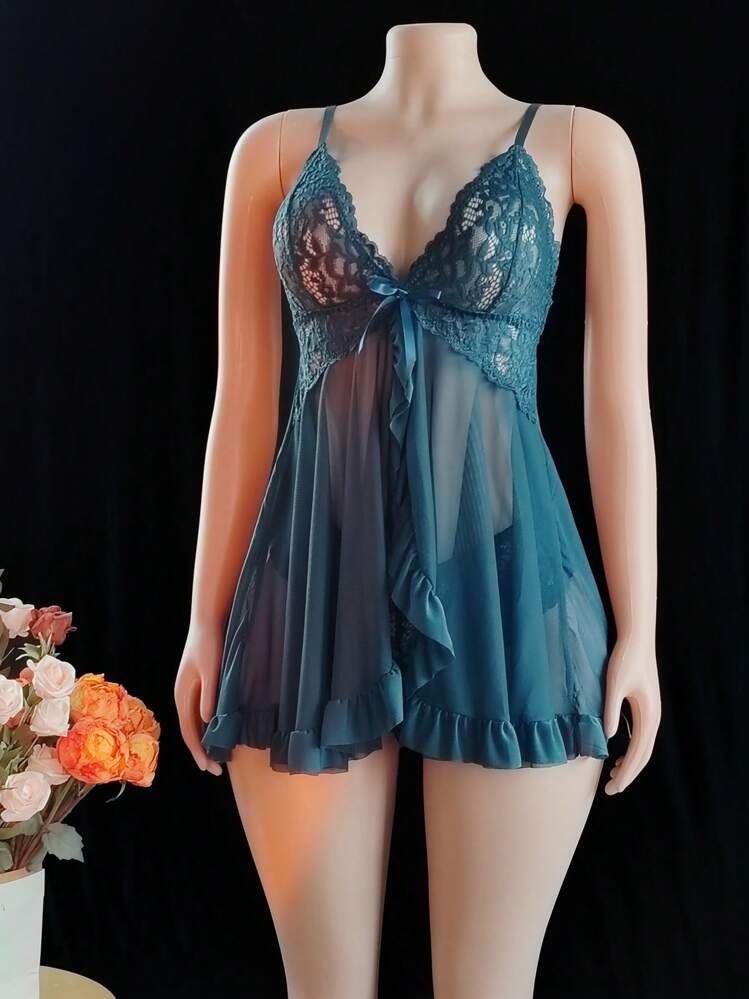 SHEIN Bow-Detailed Lace Panel Ruffled Wire-Free Sexy Lingerie Slip Babydoll Dress And Briefs 2-Piece Set Bow Tie — SayFrey — view 7