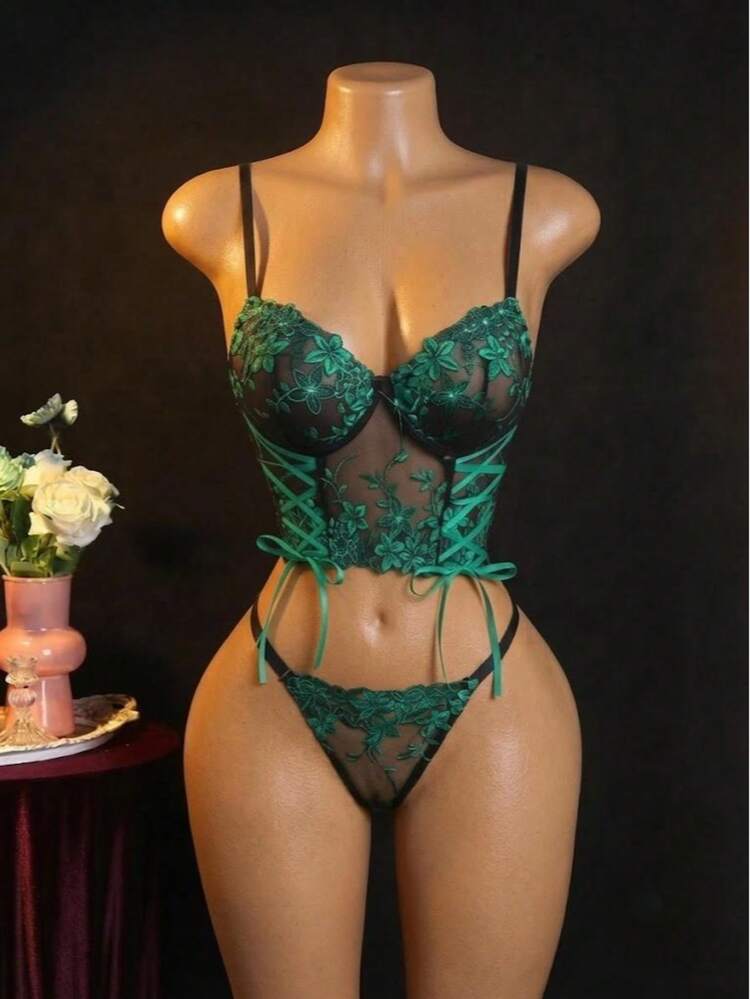 Women's Two Pieces Embroidered Lace Side Strap Bow Top With Briefs. Paired With Same-Color Lace, Featuring An Exquisite, Simple And Fashionable Design. — SayFrey — view 6