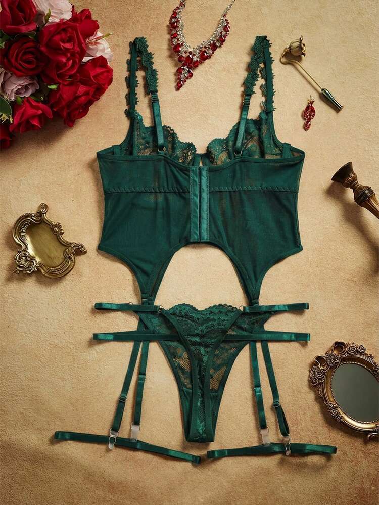3pcs/Set Lace Contrast Mesh Underwire Sexy Lingerie Set For Women — SayFrey — view 2