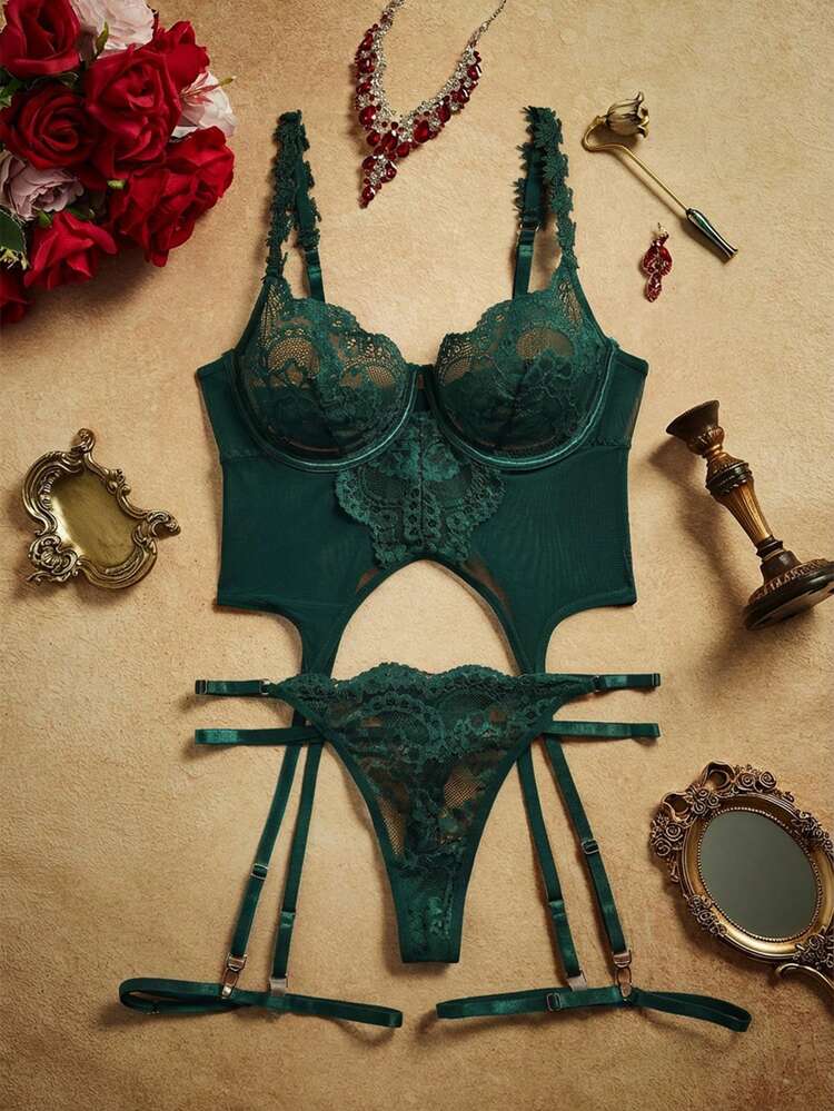 3pcs/Set Lace Contrast Mesh Underwire Sexy Lingerie Set For Women — SayFrey — view 5