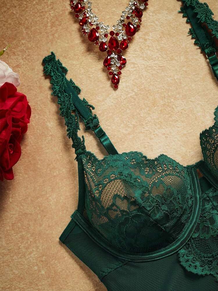3pcs/Set Lace Contrast Mesh Underwire Sexy Lingerie Set For Women — SayFrey — view 7