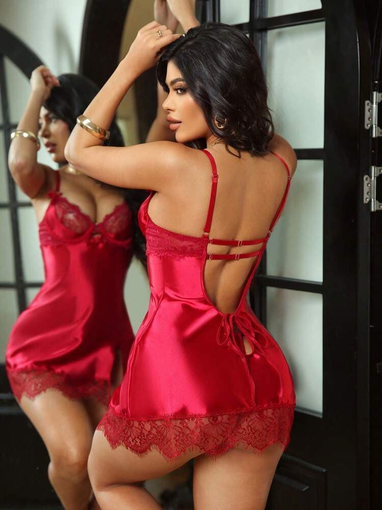 SHEIN Valentine's Day Satin Contrast Lace Backless Dress 2 Pieces Set — SayFrey