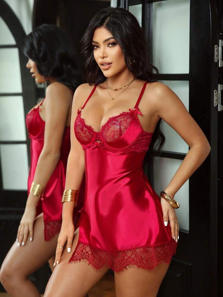 SHEIN Valentine's Day Satin Contrast Lace Backless Dress 2 Pieces Set — SayFrey — view 2
