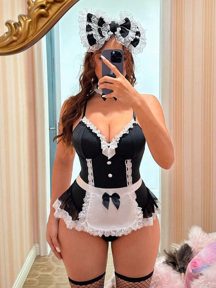 Fantasy Costume Fantasy Costume 4pcs Women's Sexy Maid Costume Set, Including Shiny Mesh Romper With Ruffle Trim, Neck Choker And Fishnet Stockings — SayFrey