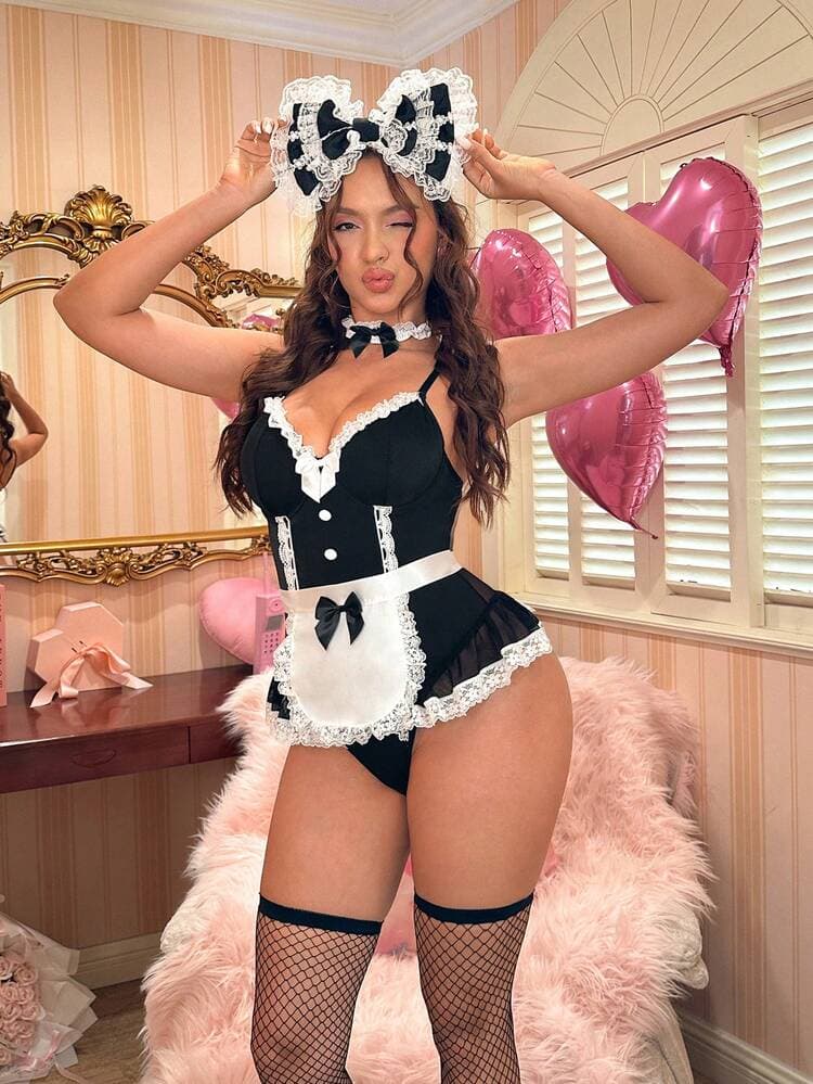 Fantasy Costume Fantasy Costume 4pcs Women's Sexy Maid Costume Set, Including Shiny Mesh Romper With Ruffle Trim, Neck Choker And Fishnet Stockings — SayFrey — view 5