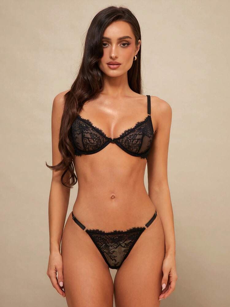 Silquee Eyelash Lace Underwire Bra & Panty Sexy Lingerie Set Women Black Floral Lace Lingerie Set With Underwire Bra And Thong Sexy Nightwear Sultry Black Sheer Lace Lingerie Set For Women Delicate Underwire Bra And Matching Thong Elegant Black Floral Lace Bra And Thong Set Transparent Sexy Lingerie For Women Nightwear Sexy Lace Sleep Spandex Valentine's Day Victoria Secret Sexy Curve Romantic Luxenights  Sexy Lace Lingerie Set Lace Thong Set Underwire Lingerie Set Contrast Lace Thong Black Boobless Lingerie Set — SayFrey — view 8