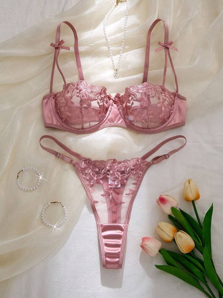 SHEIN 2pcs Dusty Pink Floral Embroidery Lingerie Set For Women Wedding Guest Summer — SayFrey — view 4