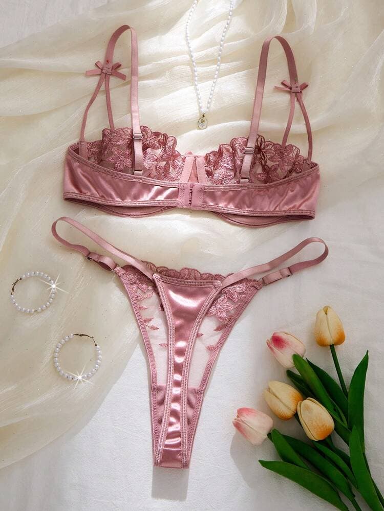 SHEIN 2pcs Dusty Pink Floral Embroidery Lingerie Set For Women Wedding Guest Summer — SayFrey — view 5