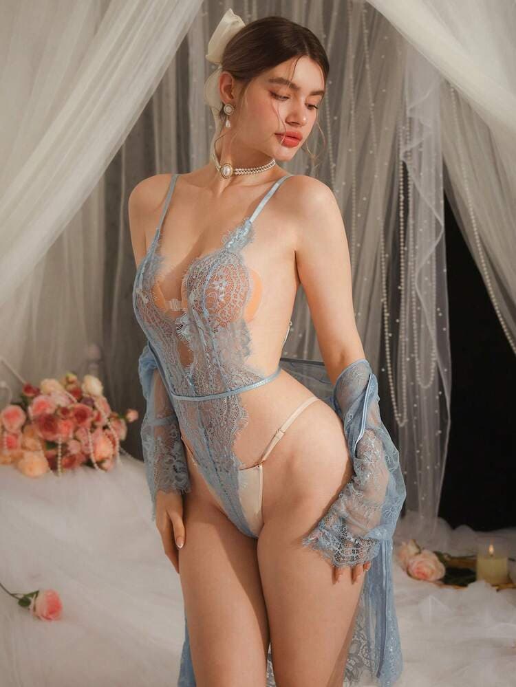 DelicateAllure 2pcs Lace Patchwork Sheer Floral Print Elegant Charm Dress + Robe Women Sexy Lingerie Set — SayFrey — view 2