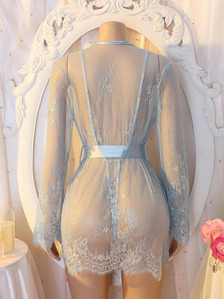 DelicateAllure 2pcs Lace Patchwork Sheer Floral Print Elegant Charm Dress + Robe Women Sexy Lingerie Set — SayFrey — view 6