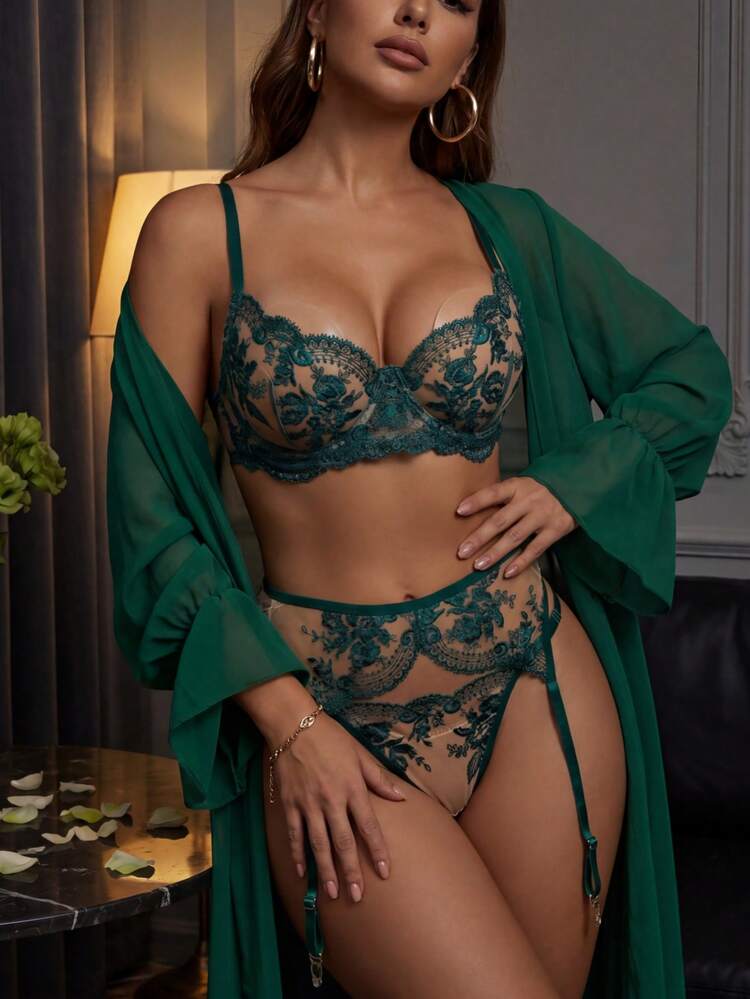 3-Piece Green Floral Embroidered Lingerie Set, Sheer Adjustable Crop Top, Waistband And Thong, Lightweight Romantic Everyday Sleepwear — SayFrey — view 2
