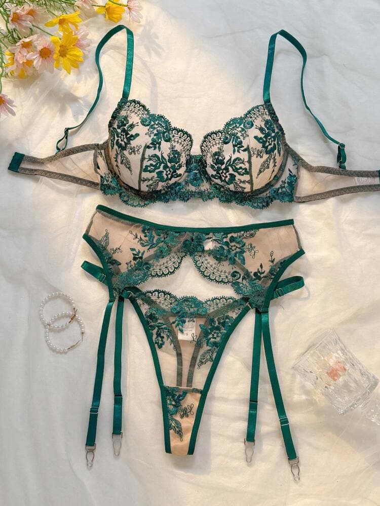 3-Piece Green Floral Embroidered Lingerie Set, Sheer Adjustable Crop Top, Waistband And Thong, Lightweight Romantic Everyday Sleepwear — SayFrey — view 5