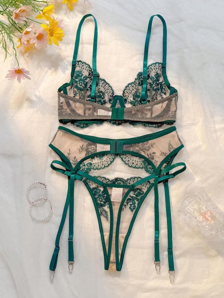 3-Piece Green Floral Embroidered Lingerie Set, Sheer Adjustable Crop Top, Waistband And Thong, Lightweight Romantic Everyday Sleepwear — SayFrey — view 6