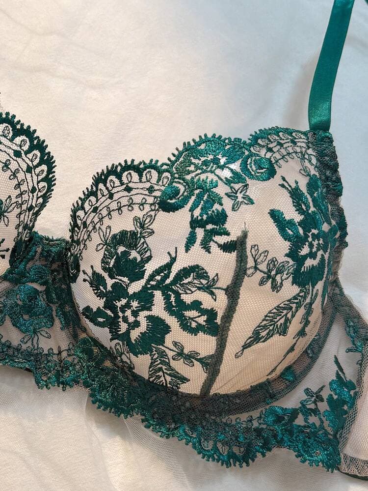 3-Piece Green Floral Embroidered Lingerie Set, Sheer Adjustable Crop Top, Waistband And Thong, Lightweight Romantic Everyday Sleepwear — SayFrey — view 7