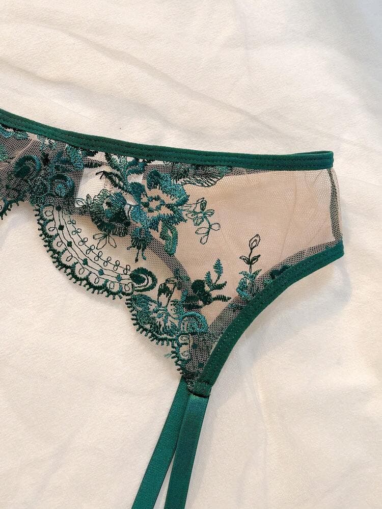 3-Piece Green Floral Embroidered Lingerie Set, Sheer Adjustable Crop Top, Waistband And Thong, Lightweight Romantic Everyday Sleepwear — SayFrey — view 8