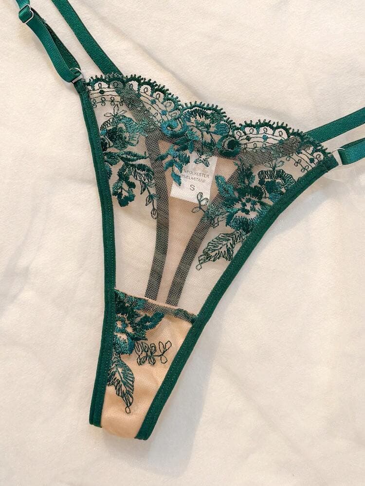 3-Piece Green Floral Embroidered Lingerie Set, Sheer Adjustable Crop Top, Waistband And Thong, Lightweight Romantic Everyday Sleepwear — SayFrey — view 9