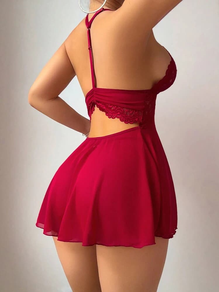 SHEIN 2pcs Set Sexy Lace & Mesh Backless A-Line Dress, Wine Red — SayFrey