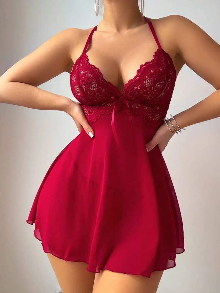 SHEIN 2pcs Set Sexy Lace & Mesh Backless A-Line Dress, Wine Red — SayFrey — view 5