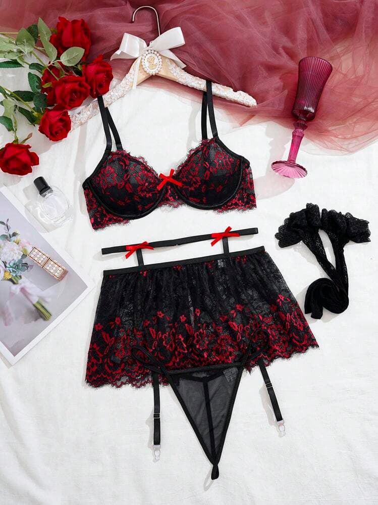 2026FantasyFloral Lace Underwire Garter Lingerie Set With 1pair Stocking — SayFrey — view 6