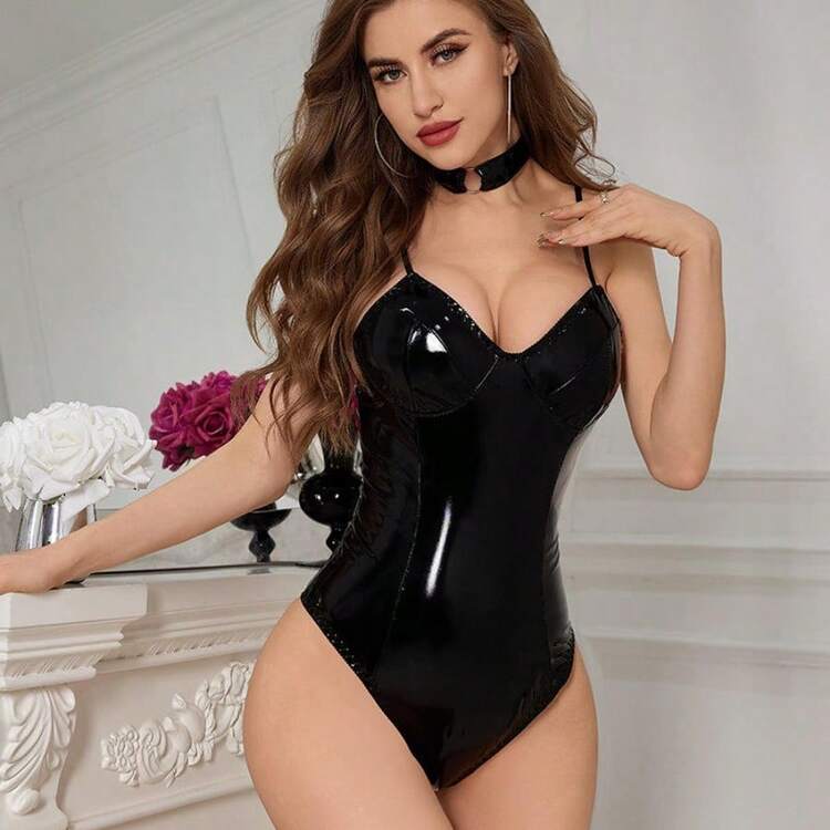 1pc Sleek Patent Leather Bodysuit In Classic Red And Black, Featuring A Daring Strappy Design And A Seamless Second-Skin Fit That Masterfully Blends Edgy Allure With Elegant Sophistication Intimate, Honeymoon Escapes, And Valentine's — SayFrey