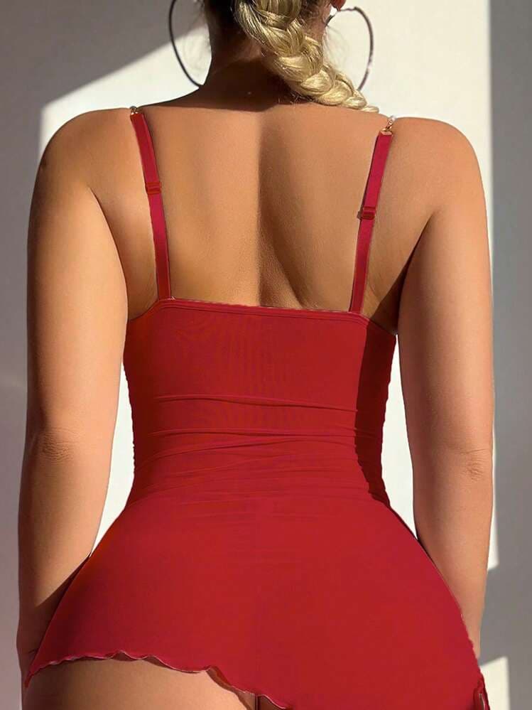 SHEIN 2pcs/Set Sexy Twist Asymmetrical Pleated Mesh Red Dress With Pearl Chain Decor And Thongs UnderwearOuter — SayFrey — view 2