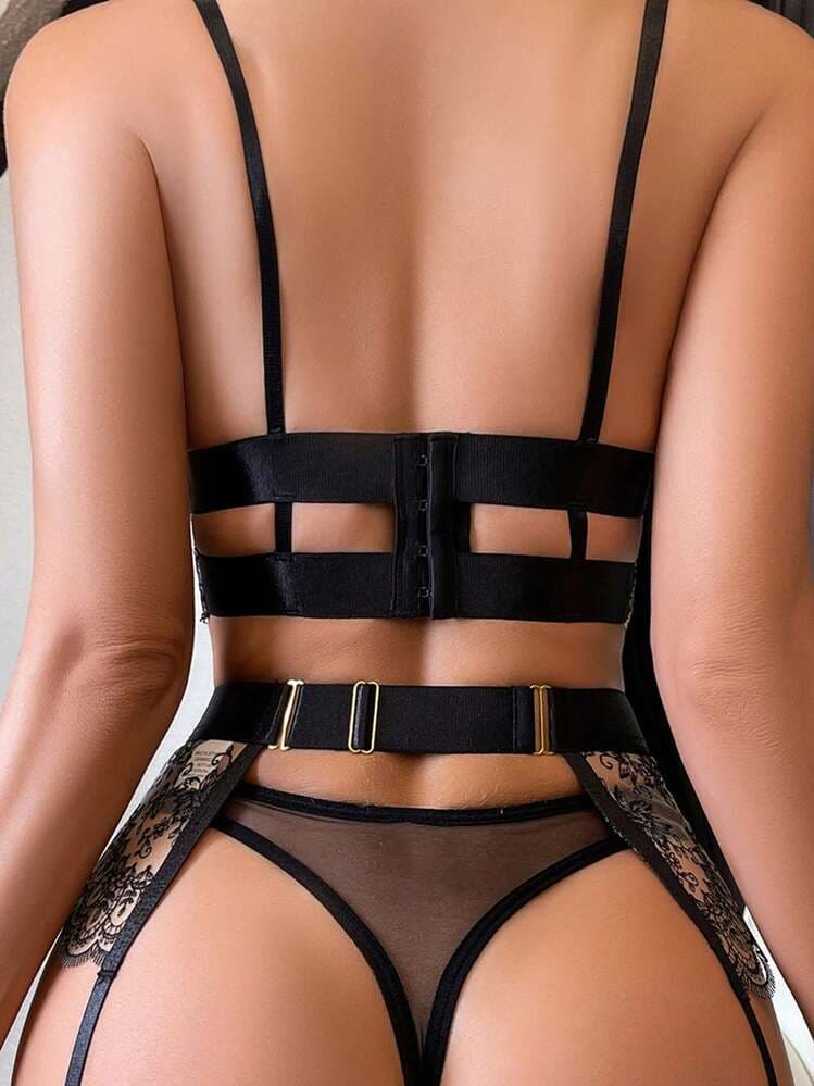 4Pcs Womens Underwear Lingerie Set Exotic Lace Bra  Brief Clip Garters Sets Transparent Bra Panty Fancy Chain Sleepwear — SayFrey — view 4