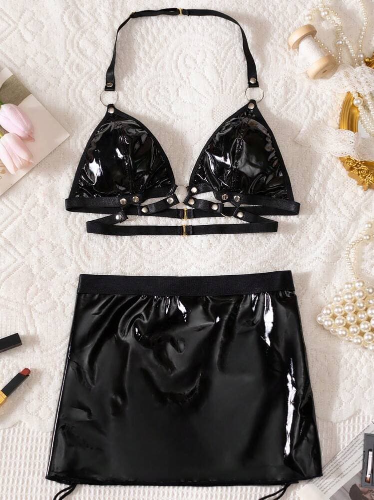 2pcs Women's Sexy Lingerie Roleplay Costume Set, Includes Deep V Bra With Rings And Suspender Mini Skirt — SayFrey — view 6