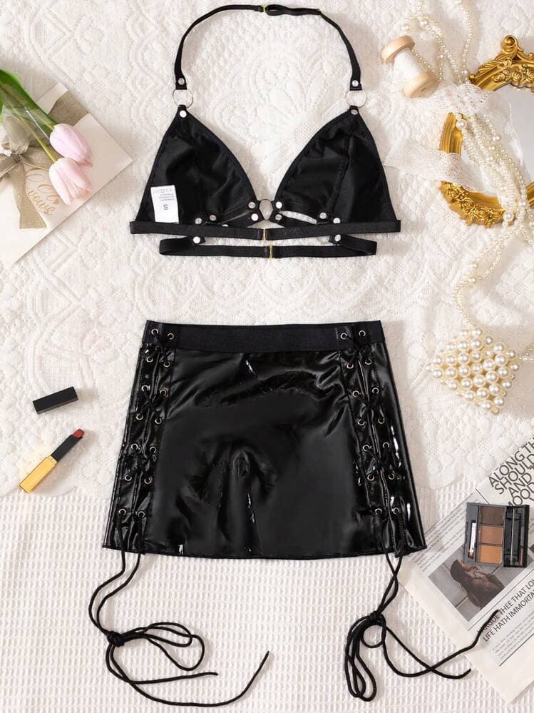 2pcs Women's Sexy Lingerie Roleplay Costume Set, Includes Deep V Bra With Rings And Suspender Mini Skirt — SayFrey — view 7