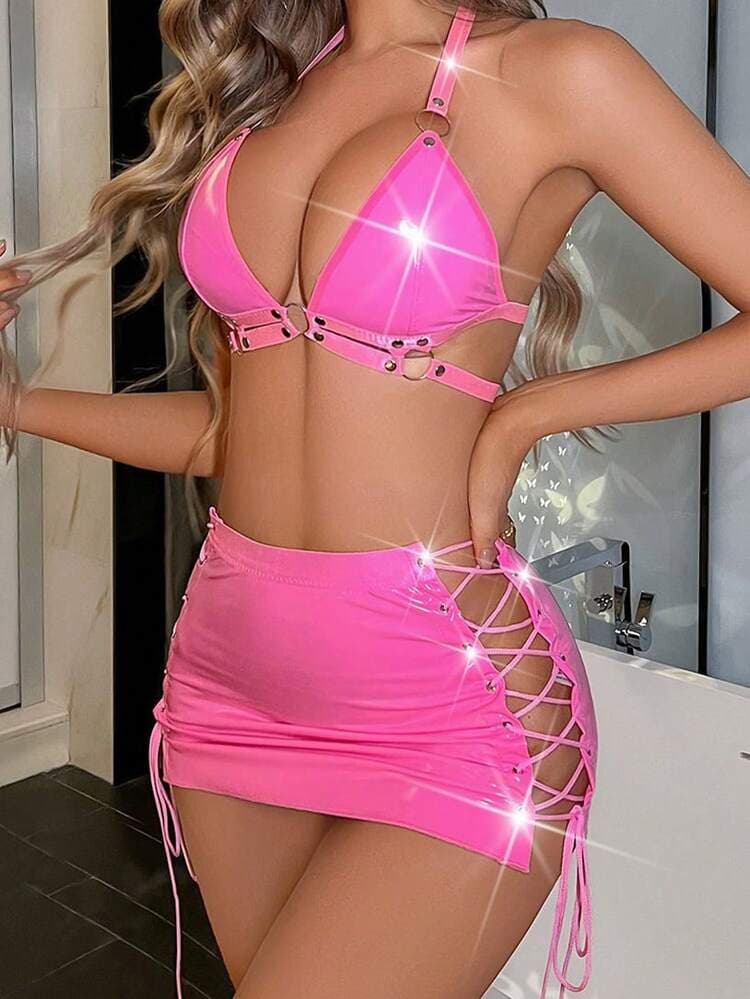 2pcs Women's Sexy Lingerie Roleplay Costume Set, Includes Deep V Bra With Rings And Suspender Mini Skirt — SayFrey — view 9