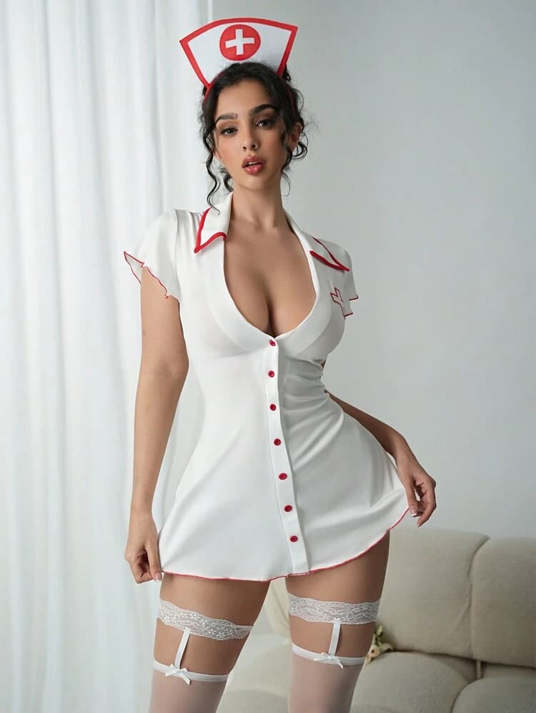 Sexy Revealing Low-Cut Sweet Sheer Cosplay Nurse Dress For Party — SayFrey — view 3