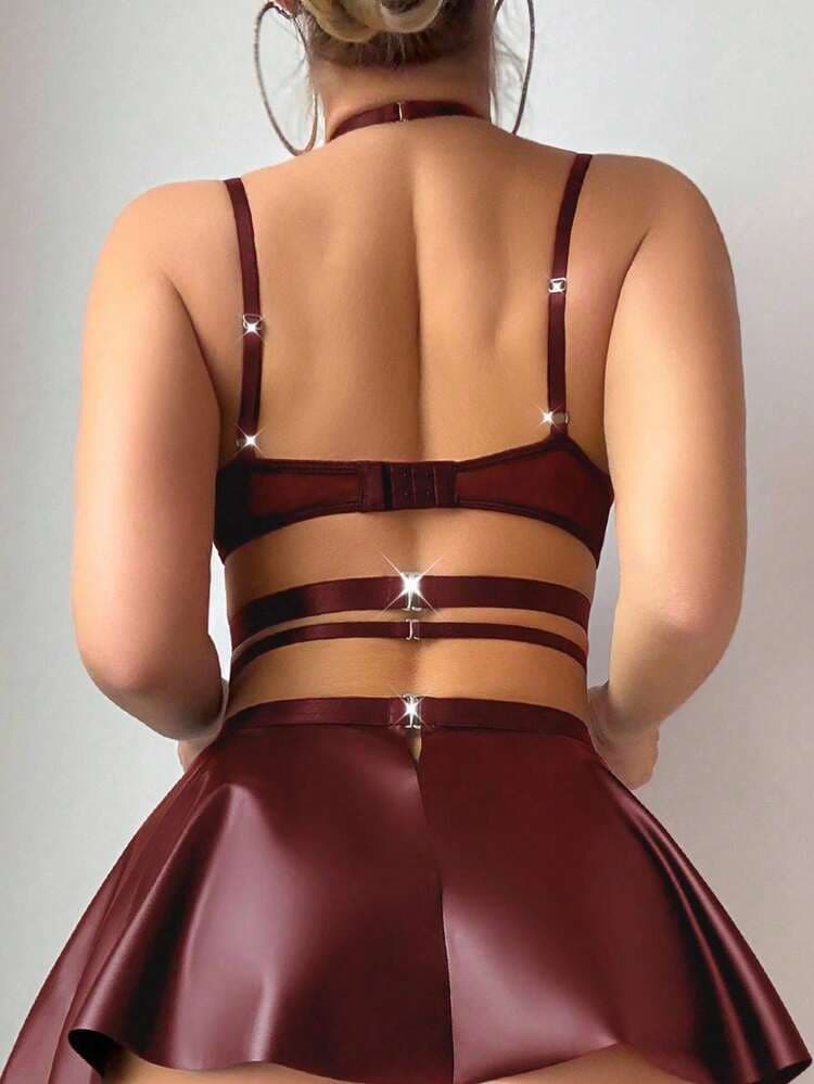 5pcs Set: Sexy PU Leather Chain Halter Bra Top, Mini Skirt, Fishnet Stockings — SayFrey — view 2