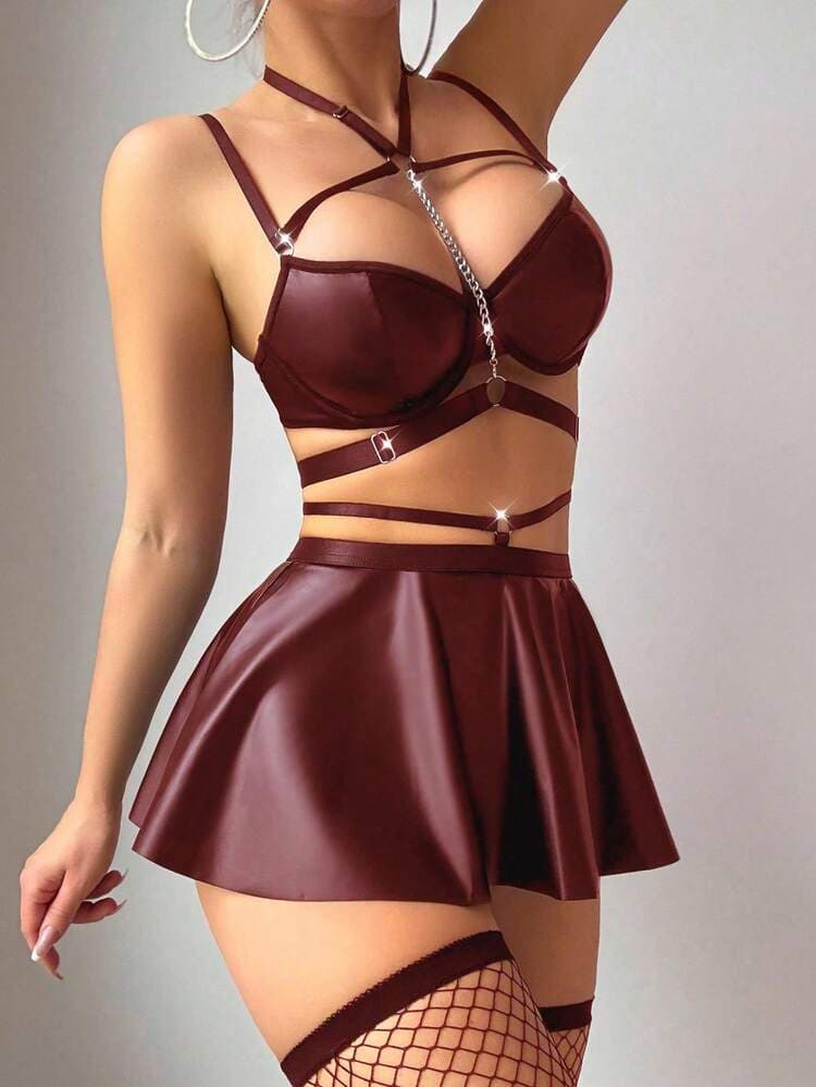 5pcs Set: Sexy PU Leather Chain Halter Bra Top, Mini Skirt, Fishnet Stockings — SayFrey — view 3
