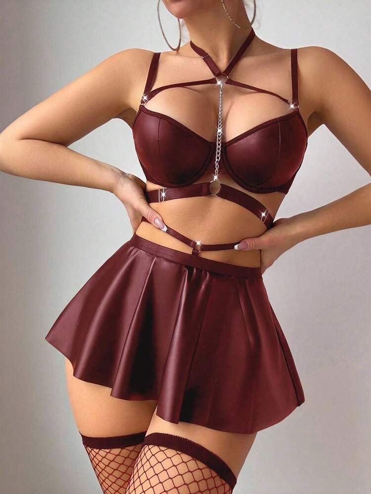 5pcs Set: Sexy PU Leather Chain Halter Bra Top, Mini Skirt, Fishnet Stockings — SayFrey — view 5