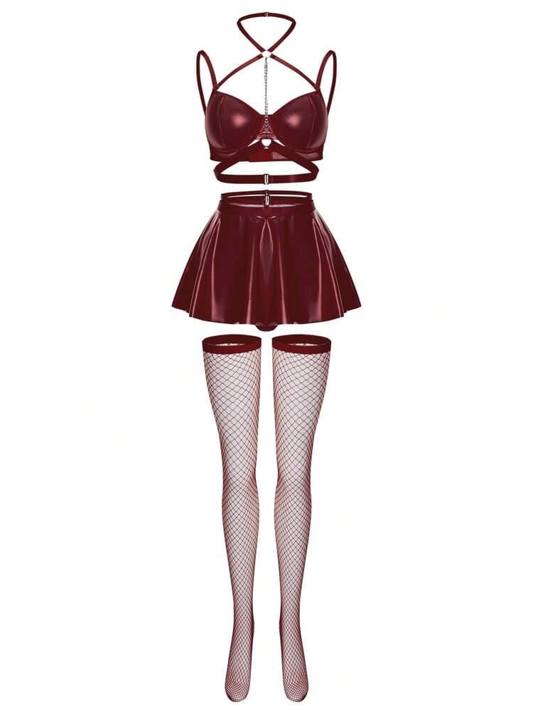 5pcs Set: Sexy PU Leather Chain Halter Bra Top, Mini Skirt, Fishnet Stockings — SayFrey — view 7