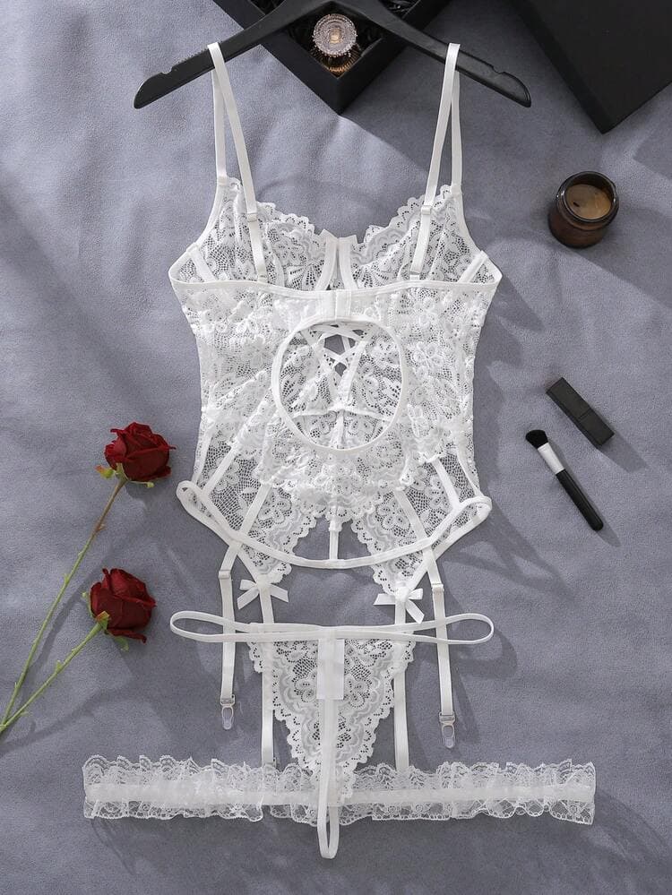 Floral Lace Underwire Garter Corset Lingerie Set With 1pair Leg Ring — SayFrey — view 2