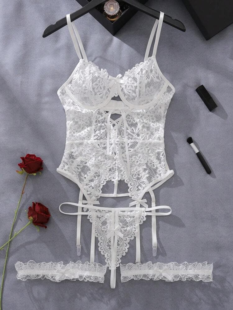 Floral Lace Underwire Garter Corset Lingerie Set With 1pair Leg Ring — SayFrey — view 4