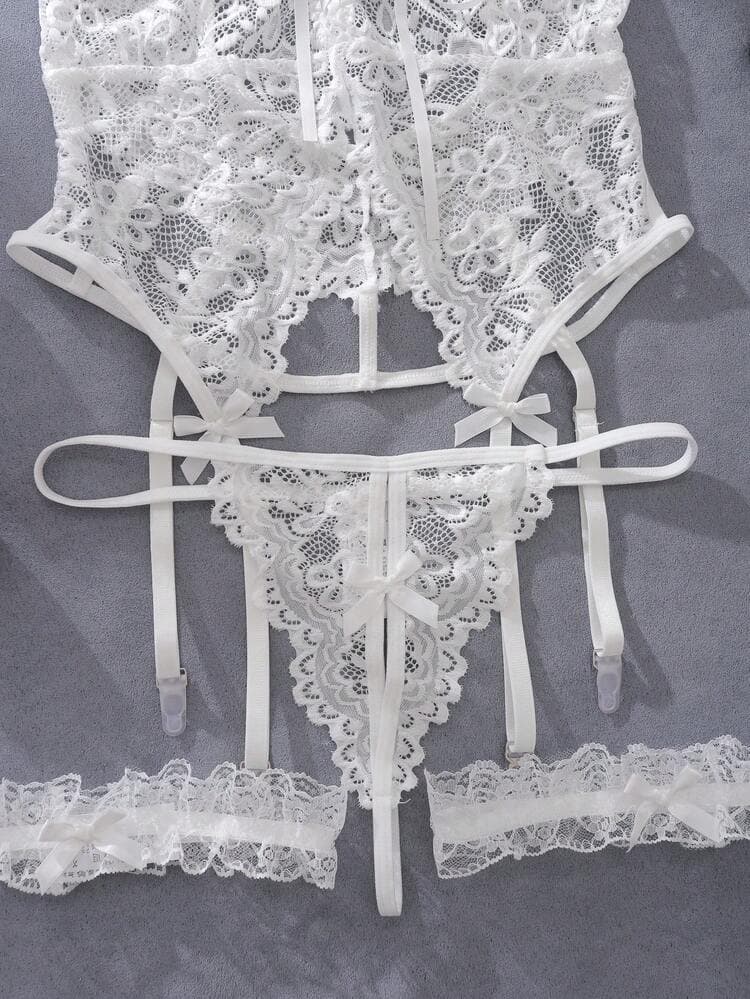 Floral Lace Underwire Garter Corset Lingerie Set With 1pair Leg Ring — SayFrey — view 5