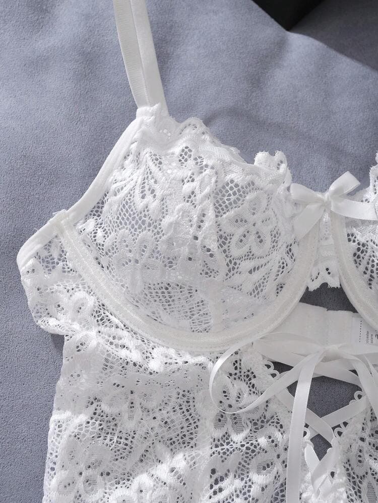 Floral Lace Underwire Garter Corset Lingerie Set With 1pair Leg Ring — SayFrey — view 6
