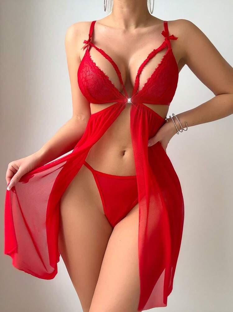 SHEIN 2pcs Set Romantic Lace Patchwork Sexy Nightgown Babydoll Underwear Outer For Going Out — SayFrey — view 3