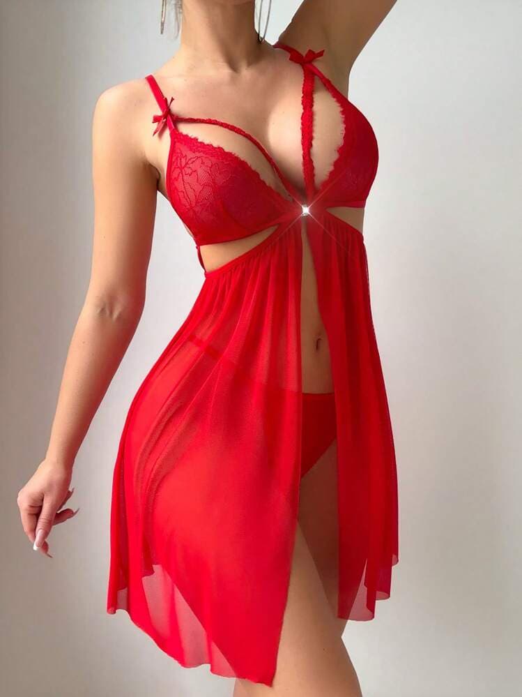 SHEIN 2pcs Set Romantic Lace Patchwork Sexy Nightgown Babydoll Underwear Outer For Going Out — SayFrey — view 4